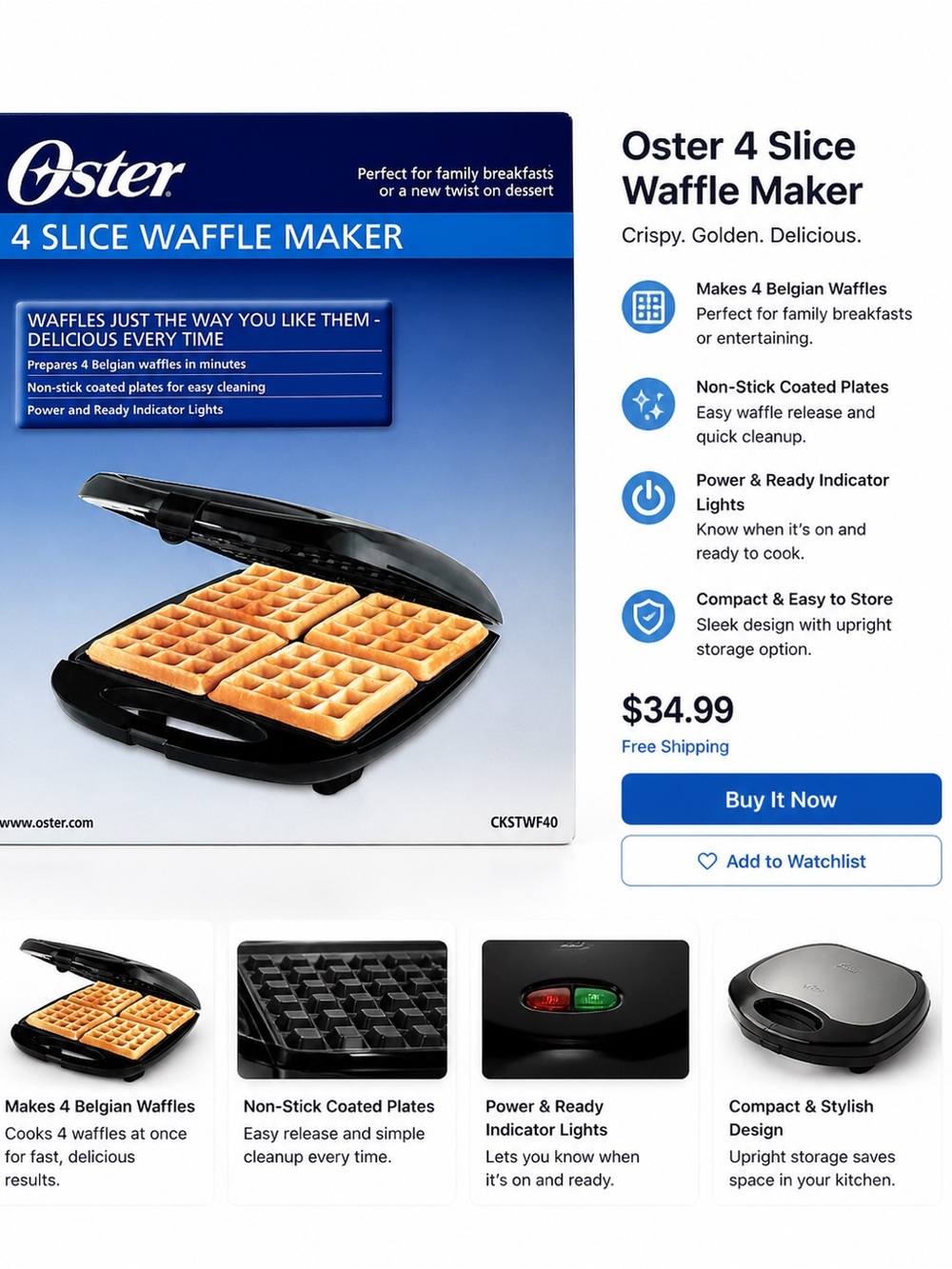 Oster 4 Slice Waffle Maker CKSTWF40 – Nonstick Plates – Makes 4 Belgian Waffle